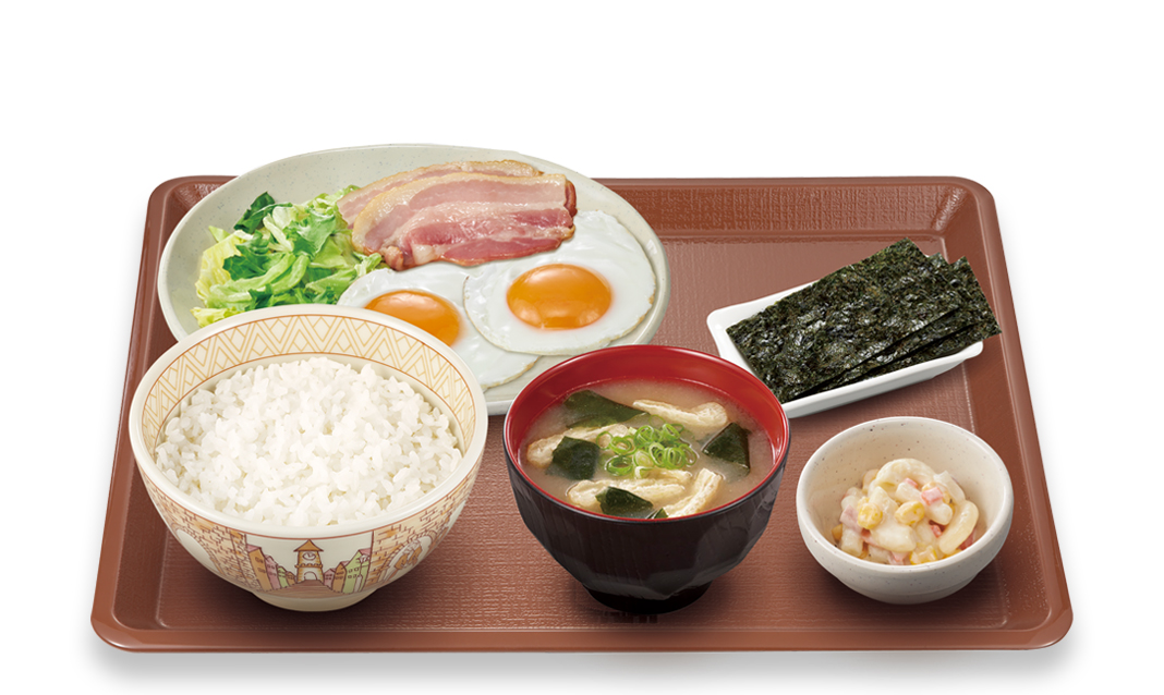 自社製ベーコンダブルエッグ朝食