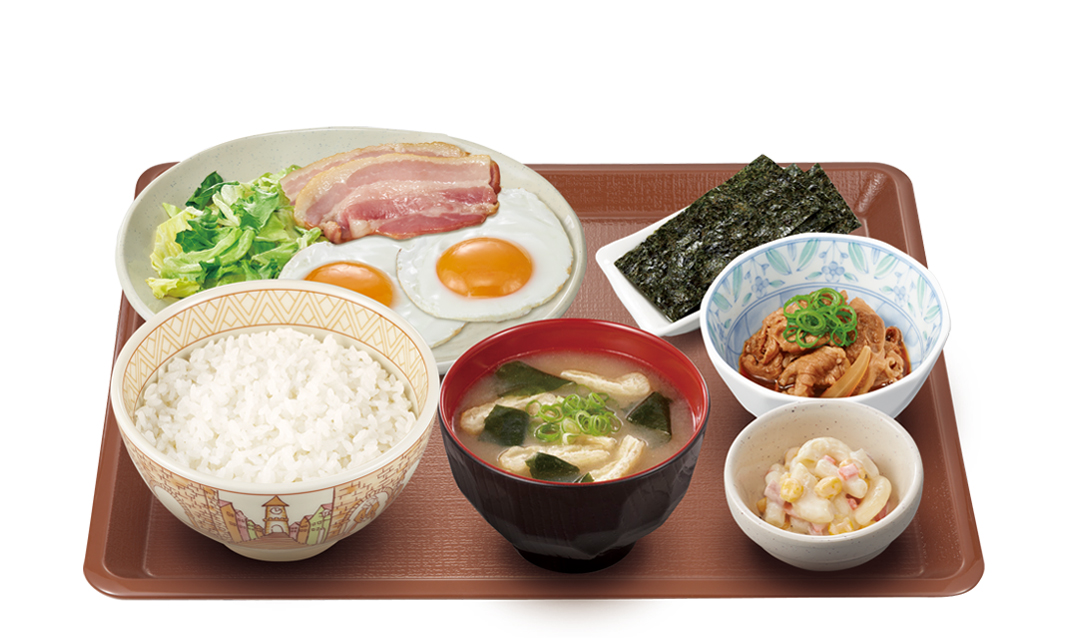 牛小鉢ベーコンダブルエッグ朝食
