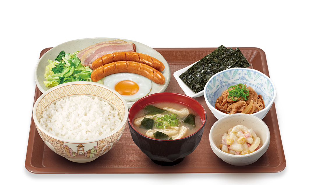 ソーセージ牛小鉢<br>
ベーコンエッグ朝食