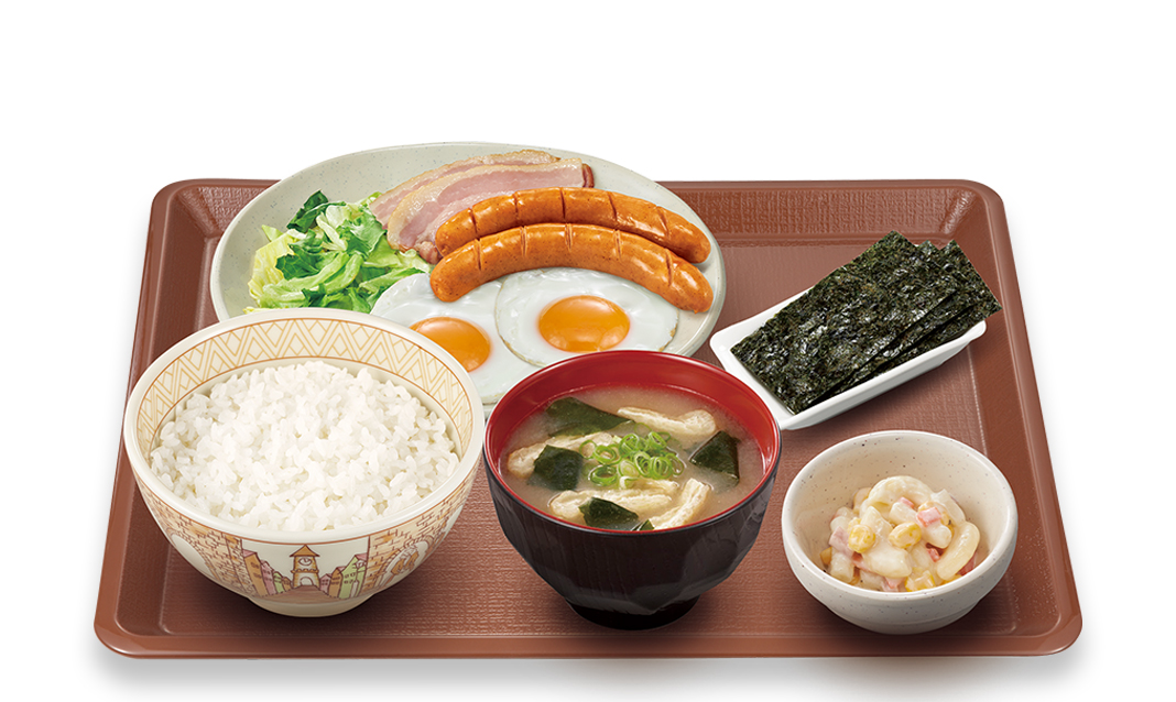 ソーセージ<br>
ベーコンダブルエッグ朝食