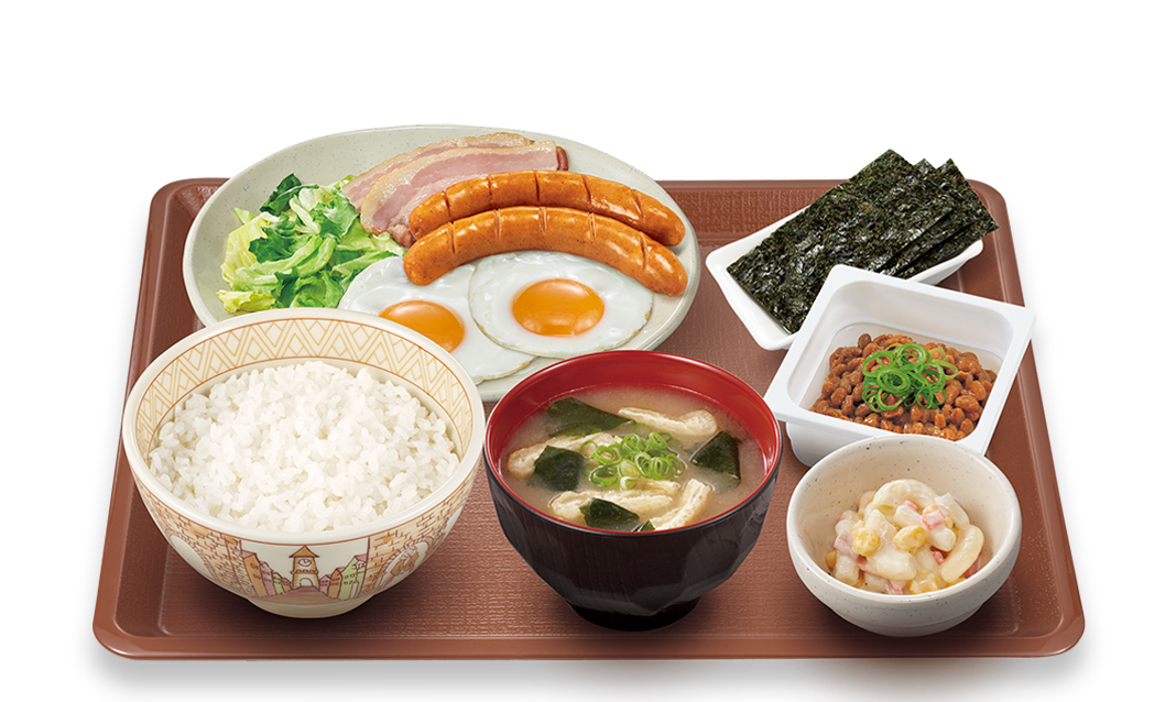 ソーセージ納豆<br>
ベーコーンダブルエッグ朝食