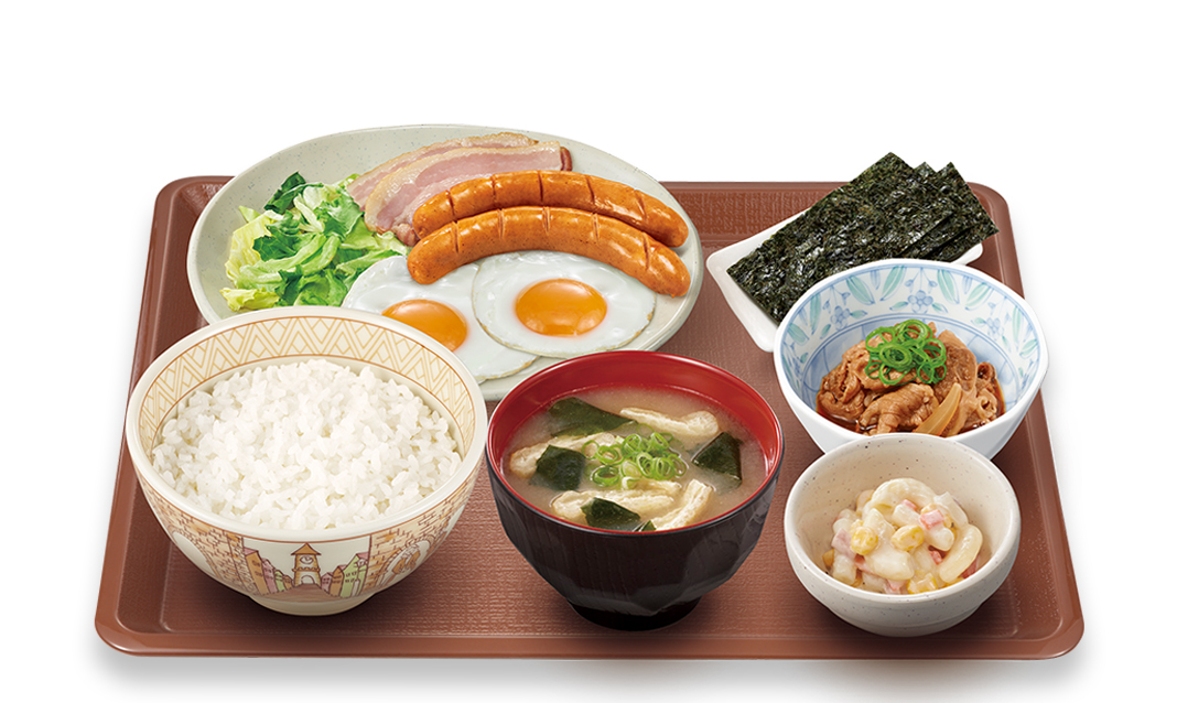 ソーセージ牛小鉢<br>
ベーコンダブルエッグ朝食
