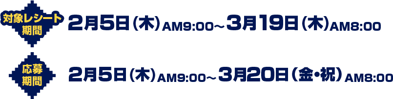 対象レシート期間 2月5日(木)AM9:00～3月19日(木)AM8:00 応募期間 2月5日(木)AM9:00～3月20日(金・祝)AM8:00