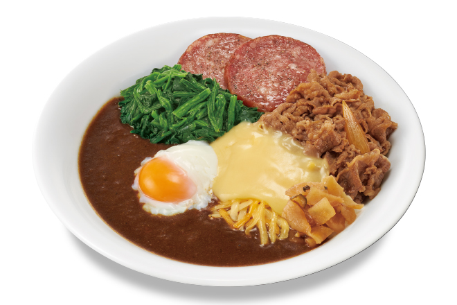 Beef Stock Curry Rice w/ Beef ,Cheese,
Spinach,Sausage & Soft-Boiled Egg