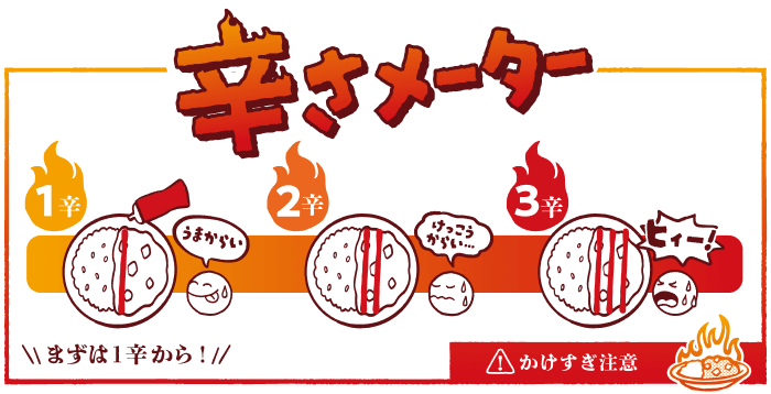 辛さメーター 1辛：うまからい 2辛：けっこうからい… 3辛：ヒィー！ ＼まずは1辛から！／ ！かけすぎ注意